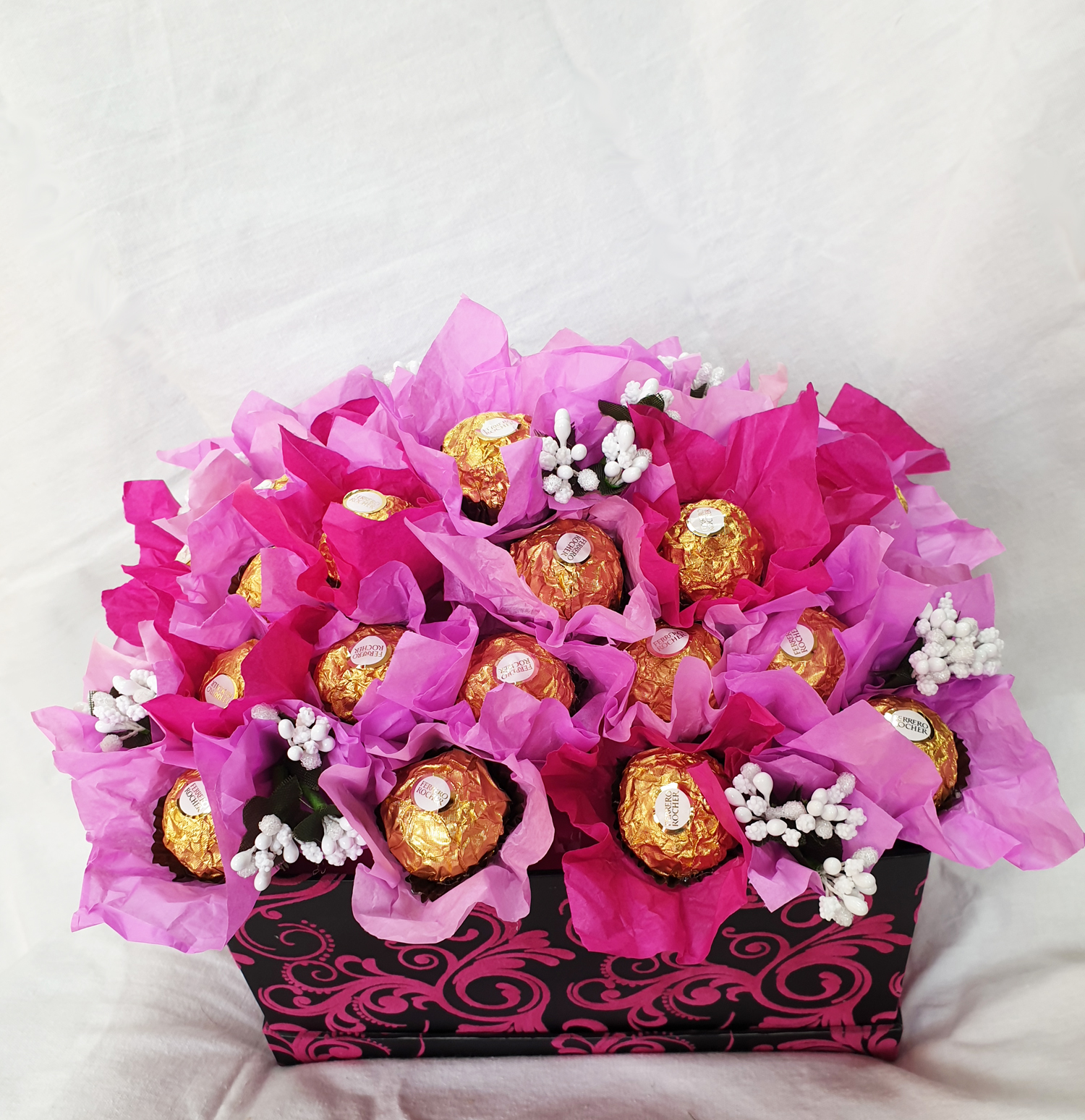 Candy bouquet in a box Pink temptation with Ferrero Rocher