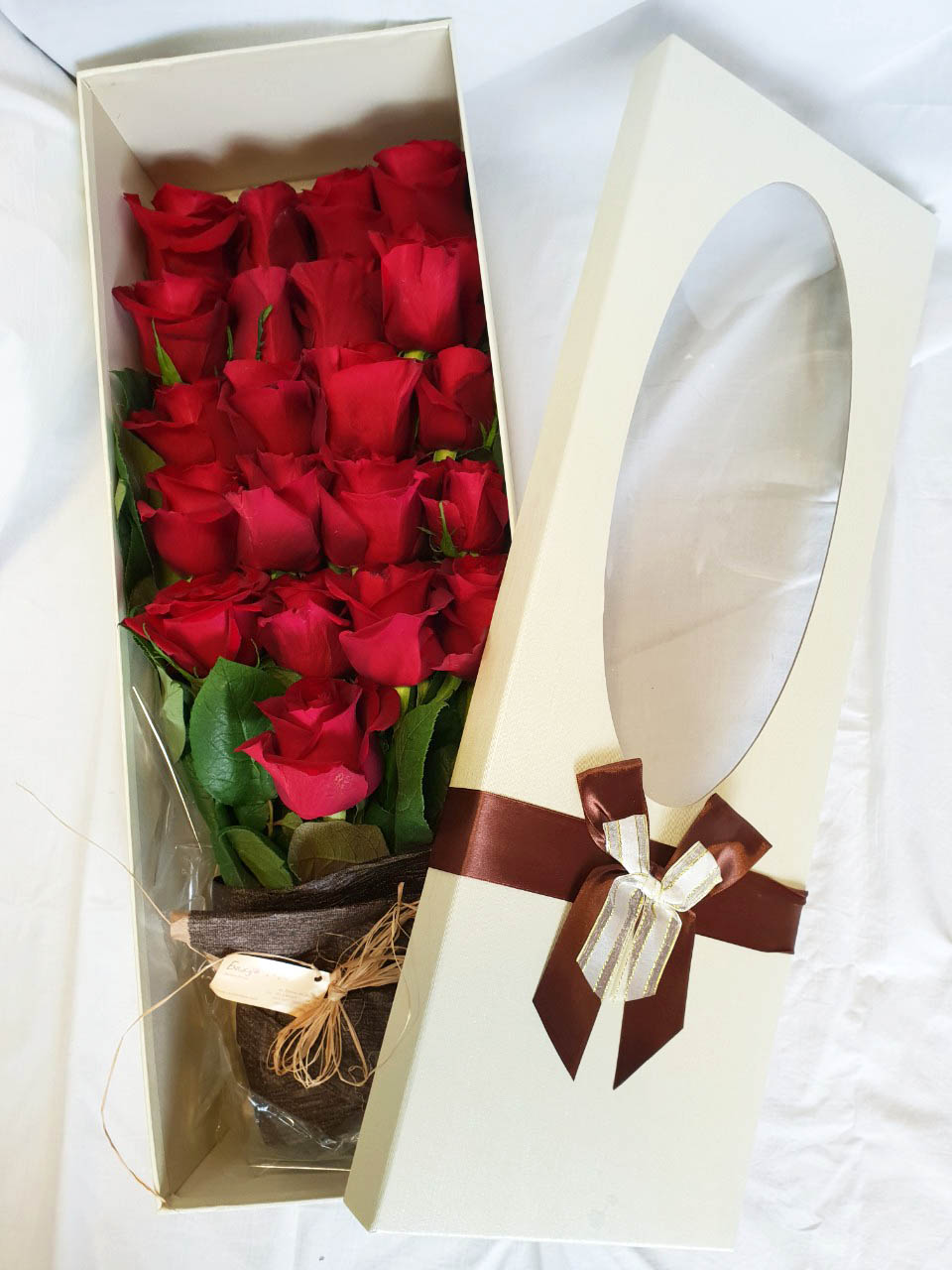 Red roses in an elegant box